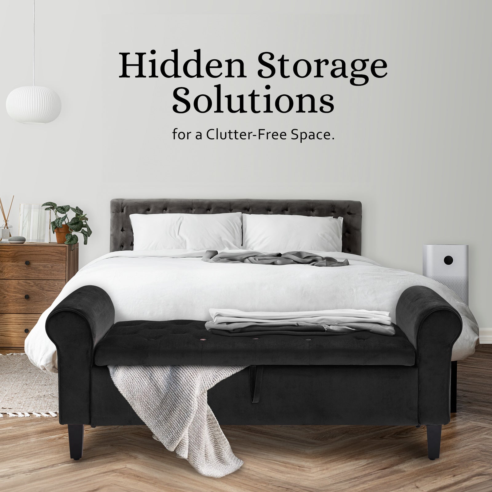 Storage Ottoman Stool Arm Bench Seat 132cm Velvet BLACK 3