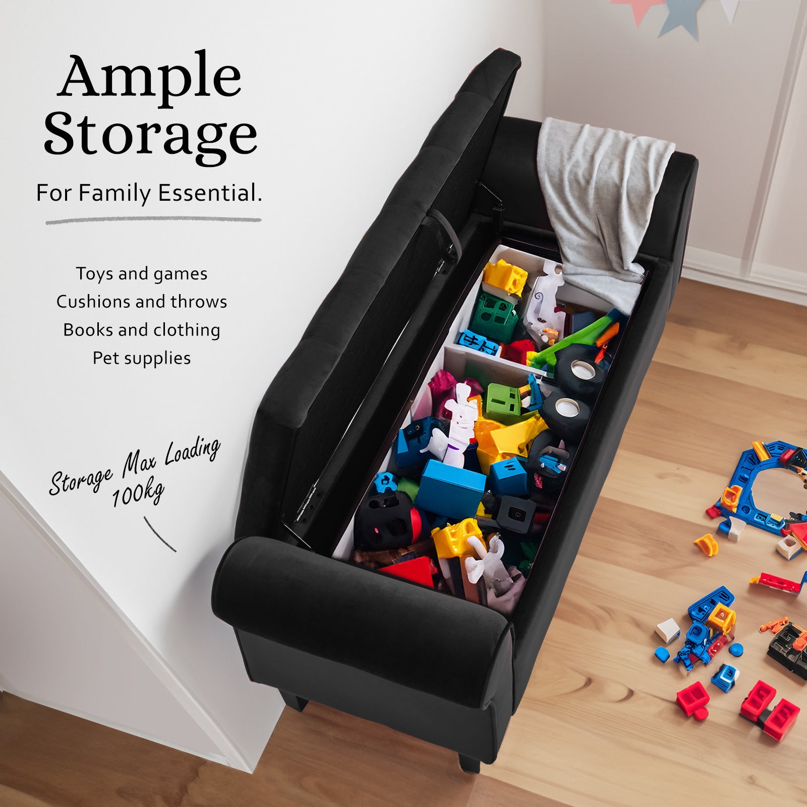 Storage Ottoman Stool Arm Bench Seat 132cm Velvet BLACK 4