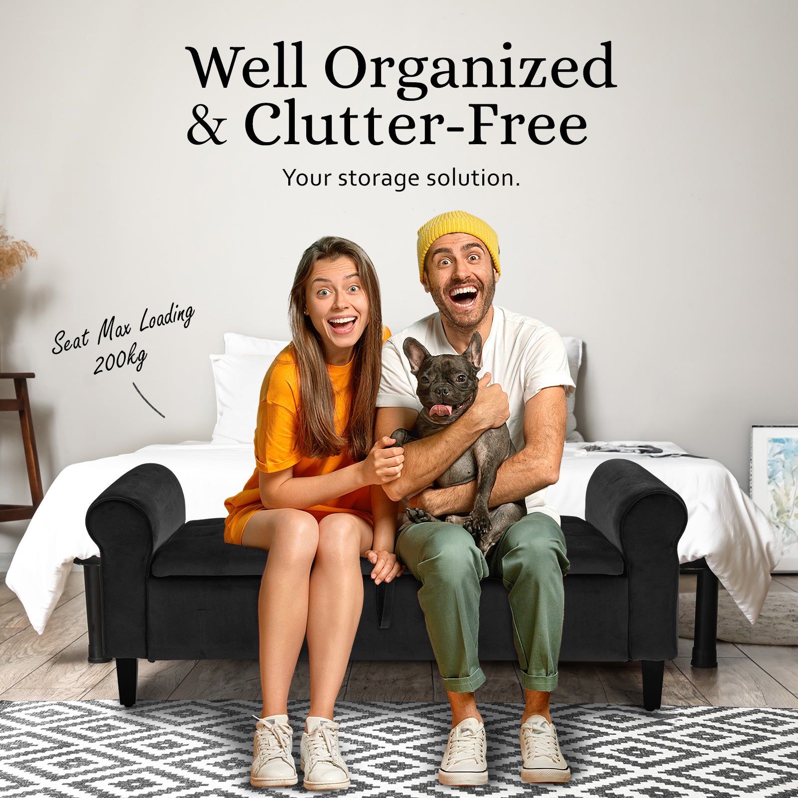 Storage Ottoman Stool Arm Bench Seat 132cm Velvet BLACK 8