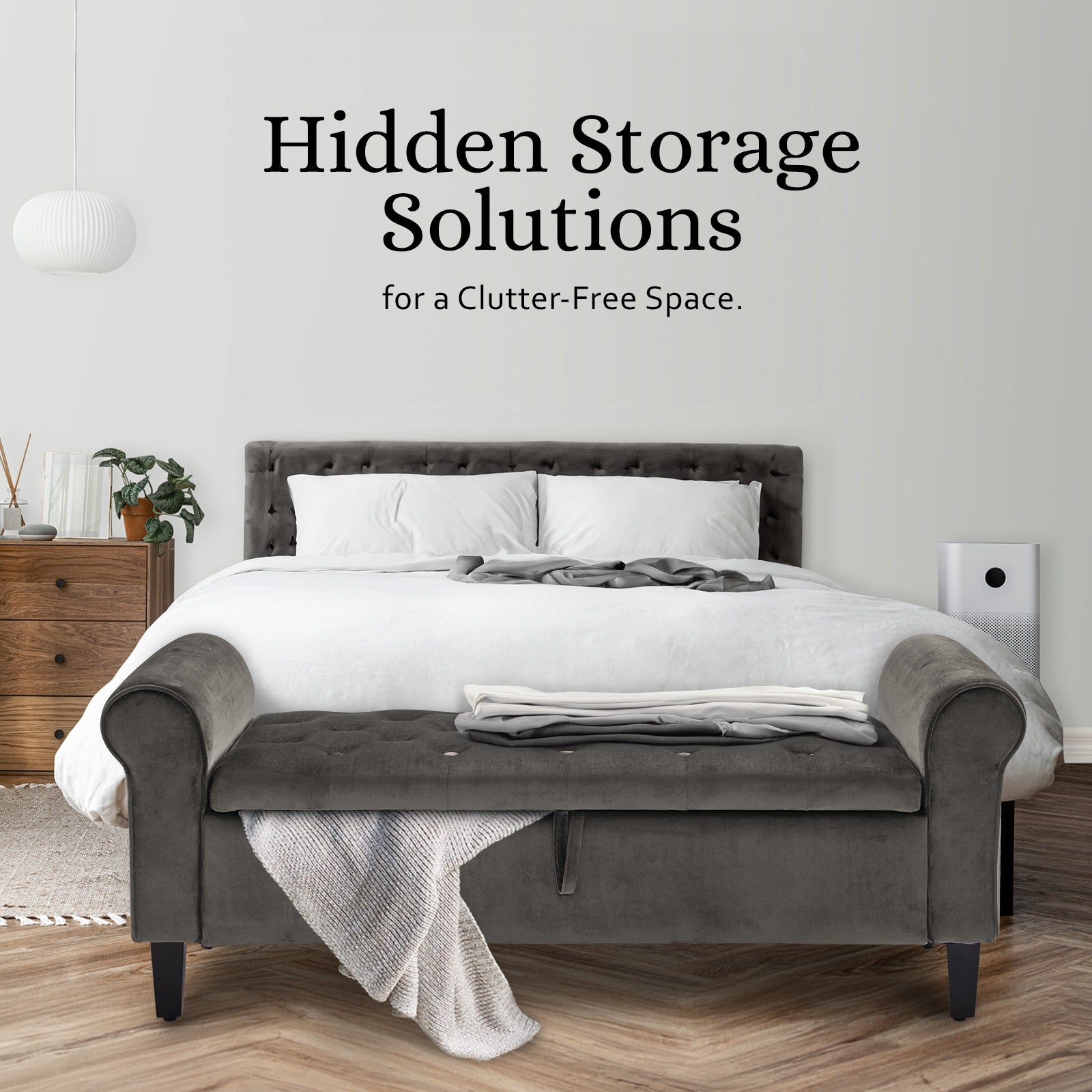 Storage Ottoman Stool Arm Bench Seat 132cm Velvet GREY 3