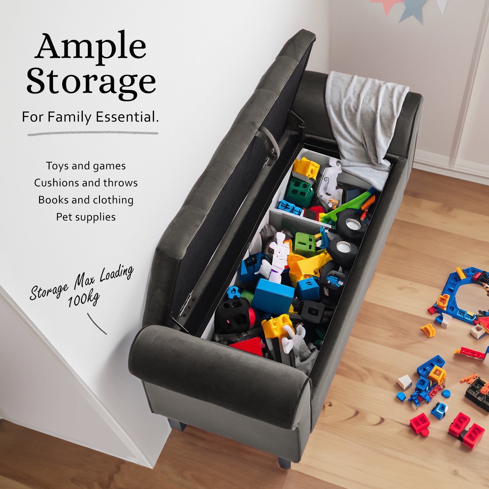 Storage Ottoman Stool Arm Bench Seat 132cm Velvet GREY 4