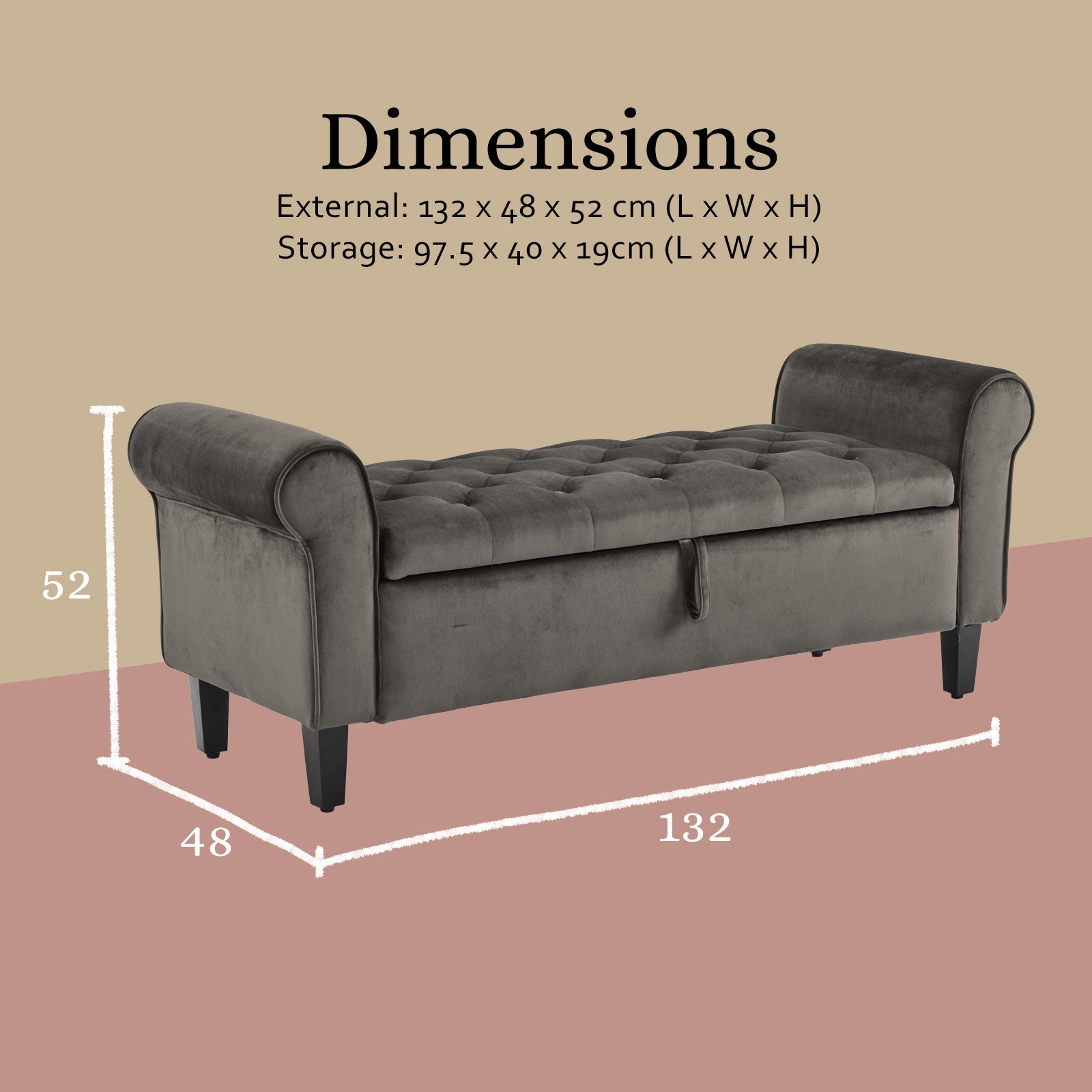 Storage Ottoman Stool Arm Bench Seat 132cm Velvet GREY 12