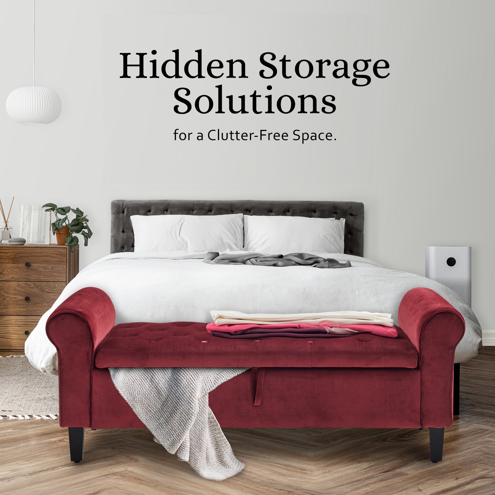 Storage Ottoman Stool Arm Bench Seat 132cm Velvet RED 3