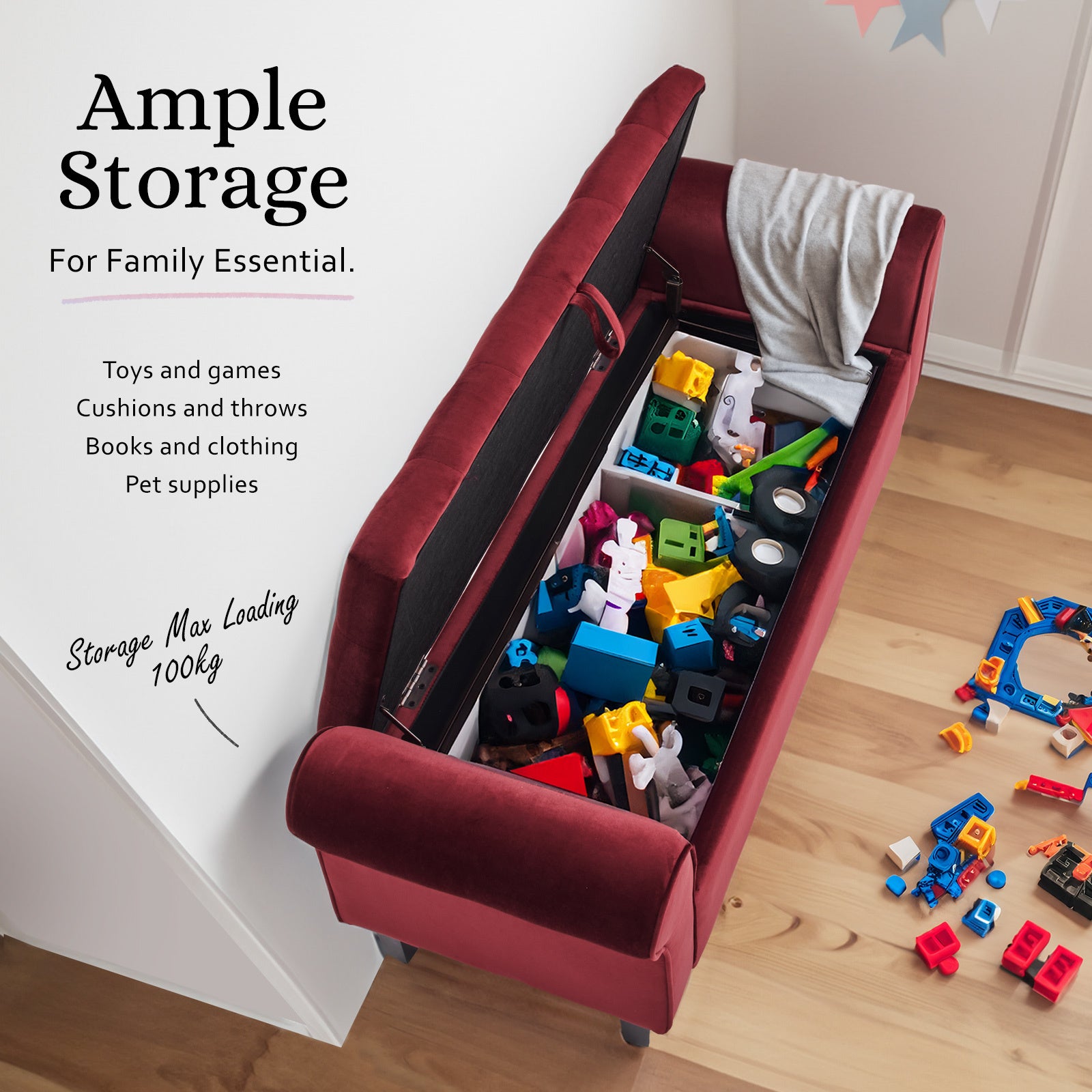 Storage Ottoman Stool Arm Bench Seat 132cm Velvet RED 4