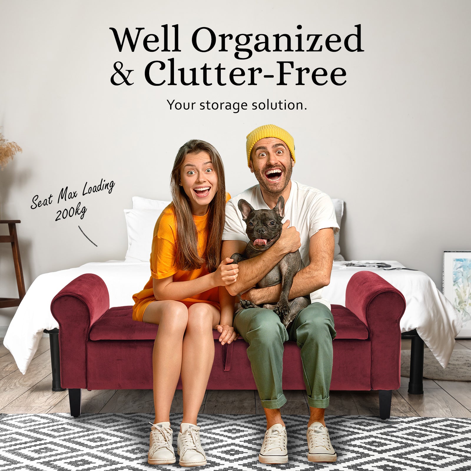 Storage Ottoman Stool Arm Bench Seat 132cm Velvet RED 8