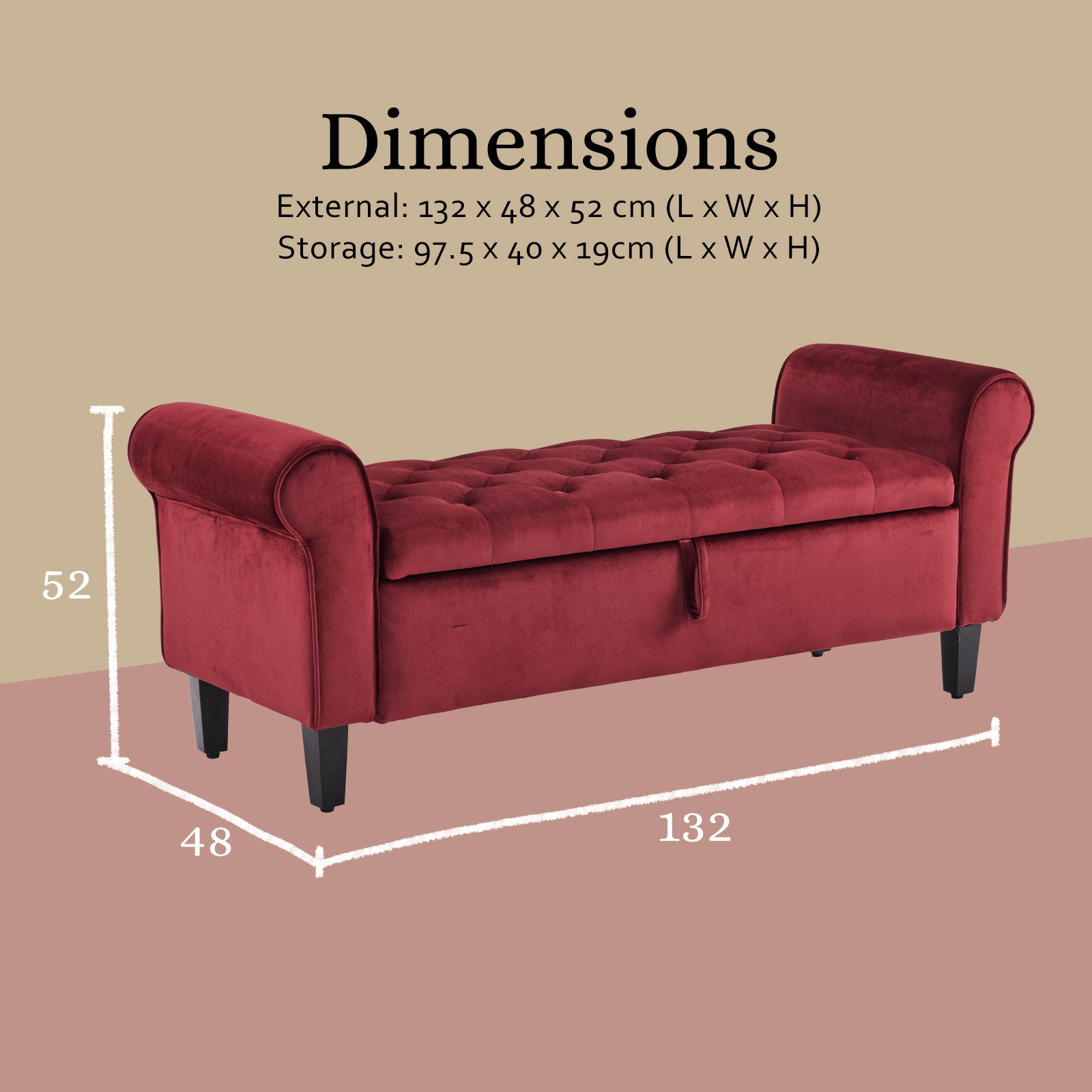 Storage Ottoman Stool Arm Bench Seat 132cm Velvet RED 12