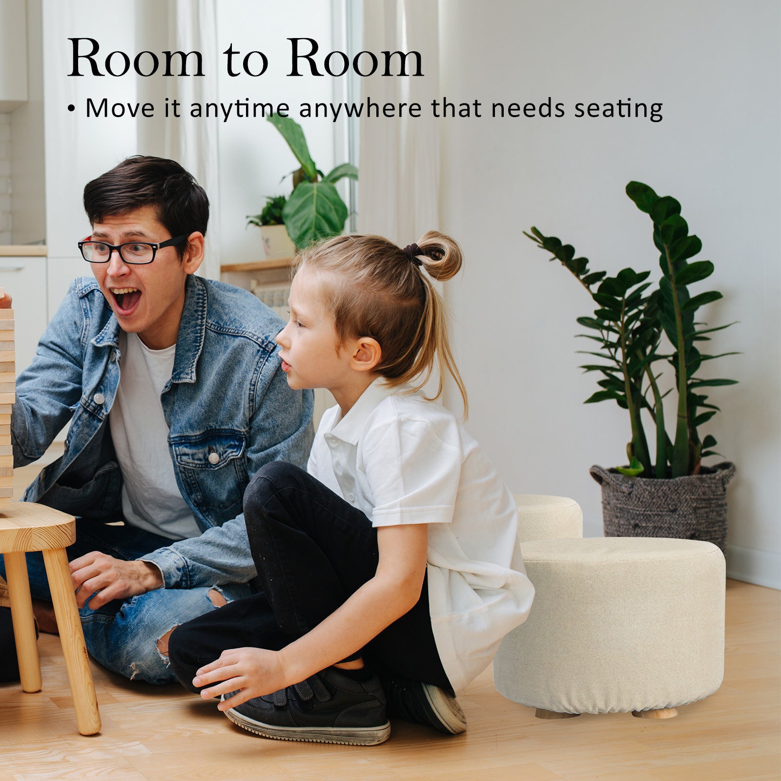 Fabric Ottoman Round Wooden Leg Foot Stool - BEIGE 10