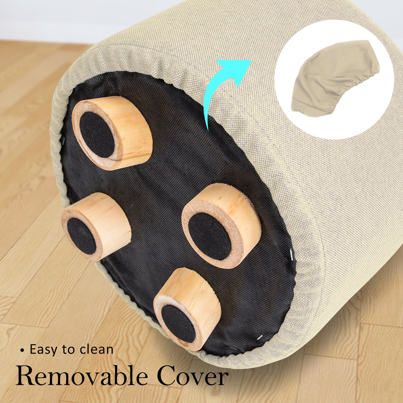 2X Fabric Ottoman Round Wooden Leg Foot Stool - BEIGE 6