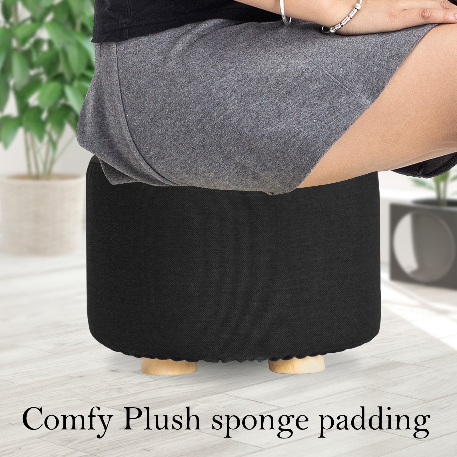 Fabric Ottoman Round Wooden Leg Foot Stool - BLACK 5