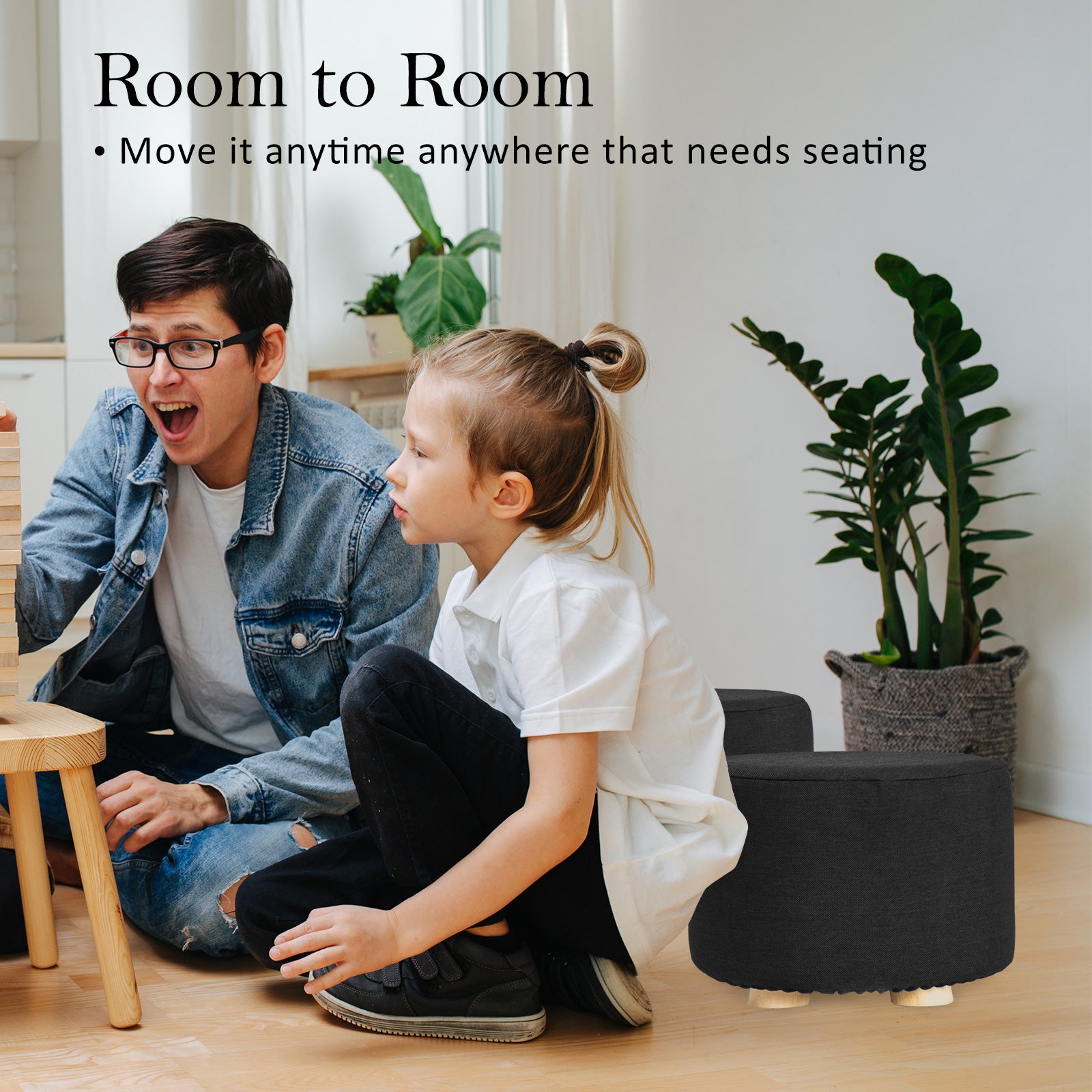 Fabric Ottoman Round Wooden Leg Foot Stool - BLACK 10