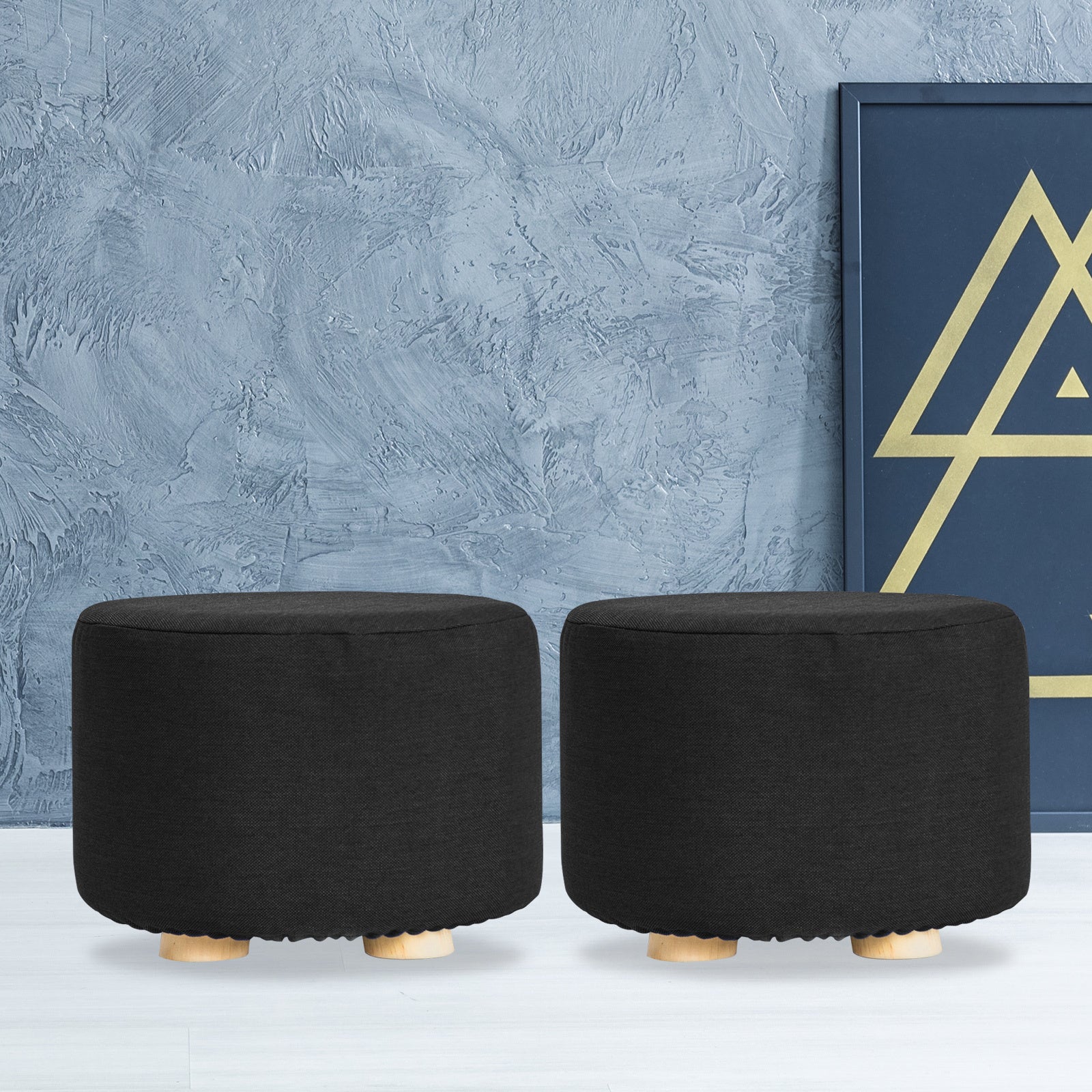 2X Fabric Ottoman Round Wooden Leg Foot Stool - BLACK 11
