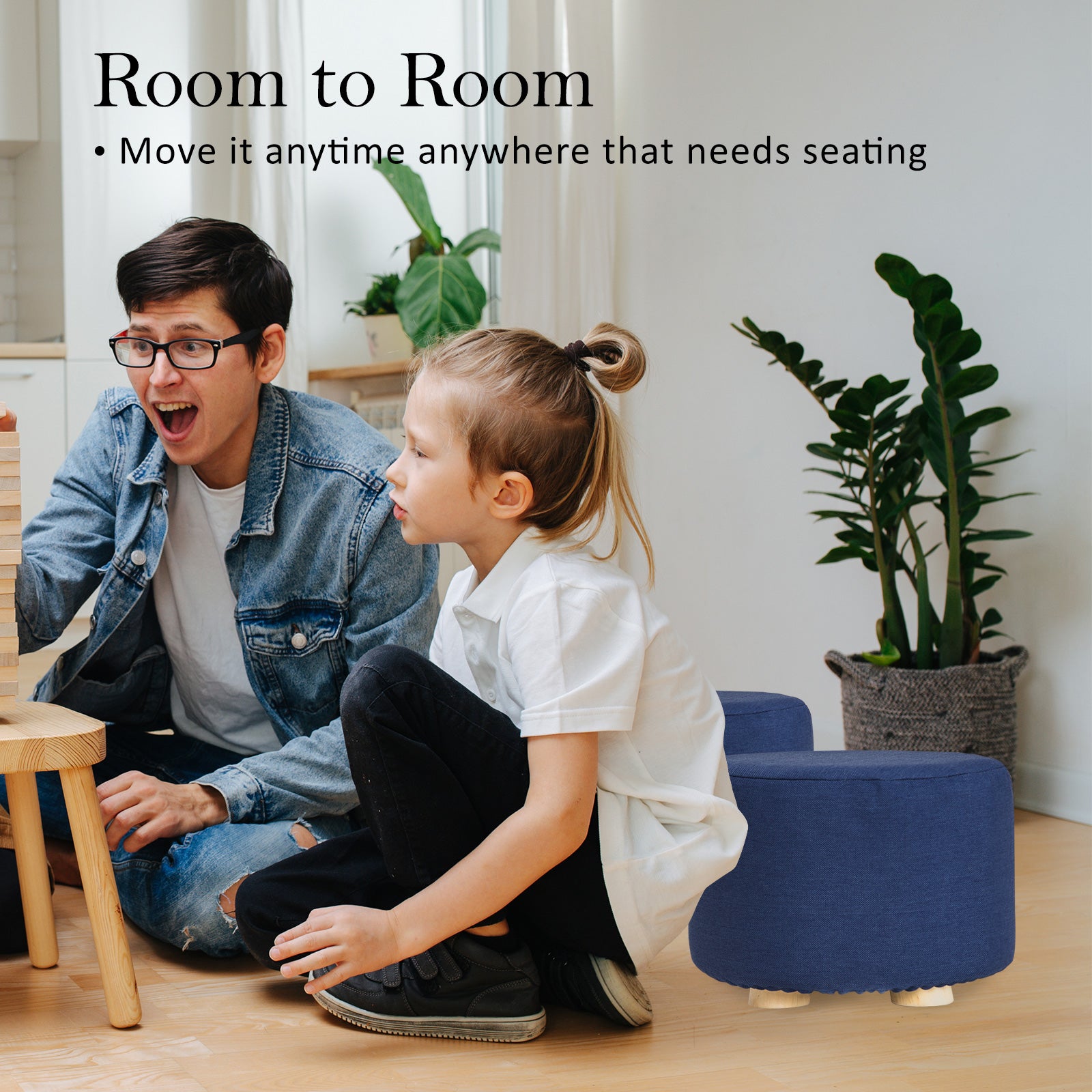 Fabric Ottoman Round Wooden Leg Foot Stool - DARK BLUE 10