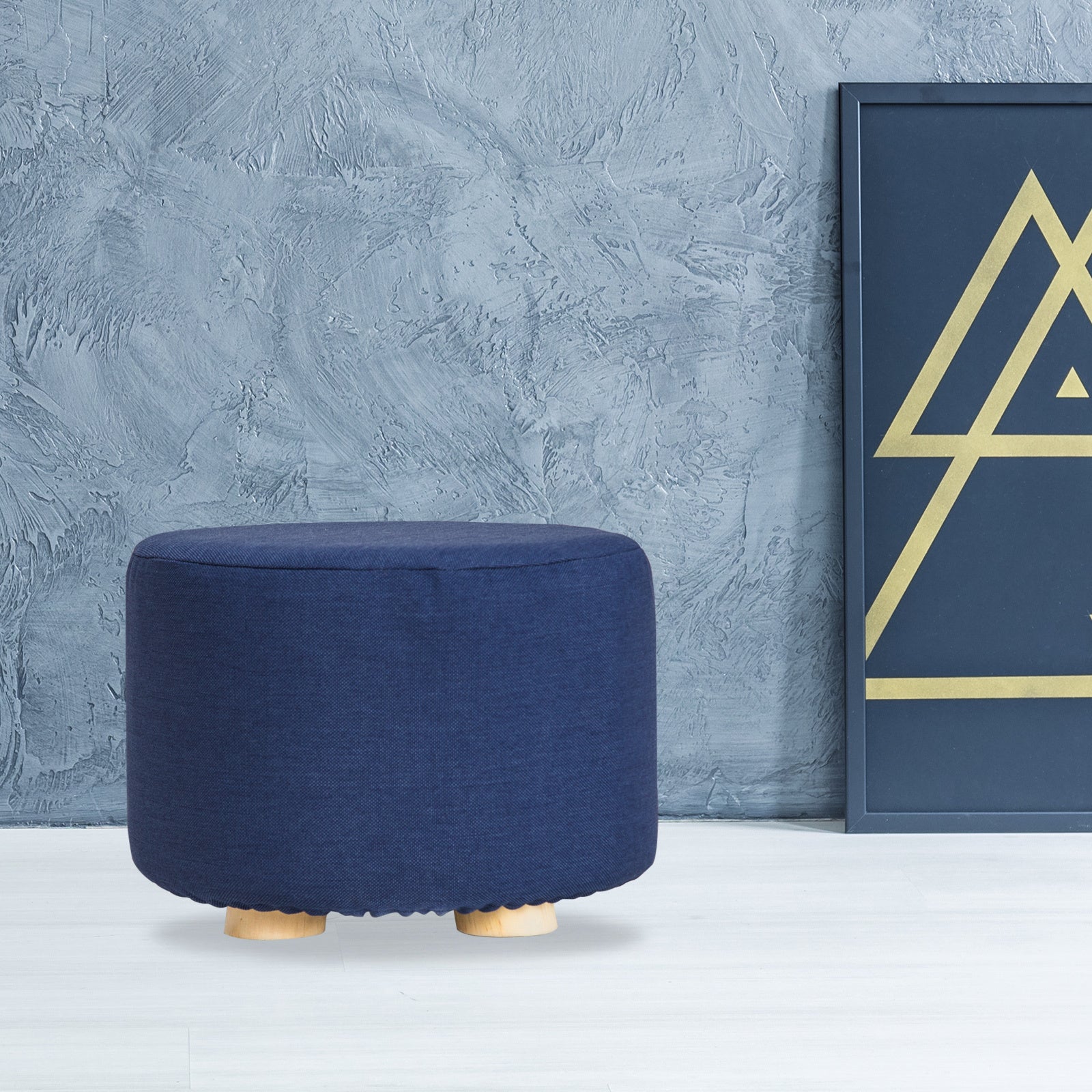 Fabric Ottoman Round Wooden Leg Foot Stool - DARK BLUE 11