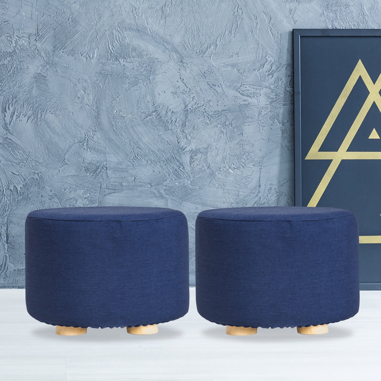 2X Fabric Ottoman Round Wooden Leg Foot Stool - DARK BLUE 11