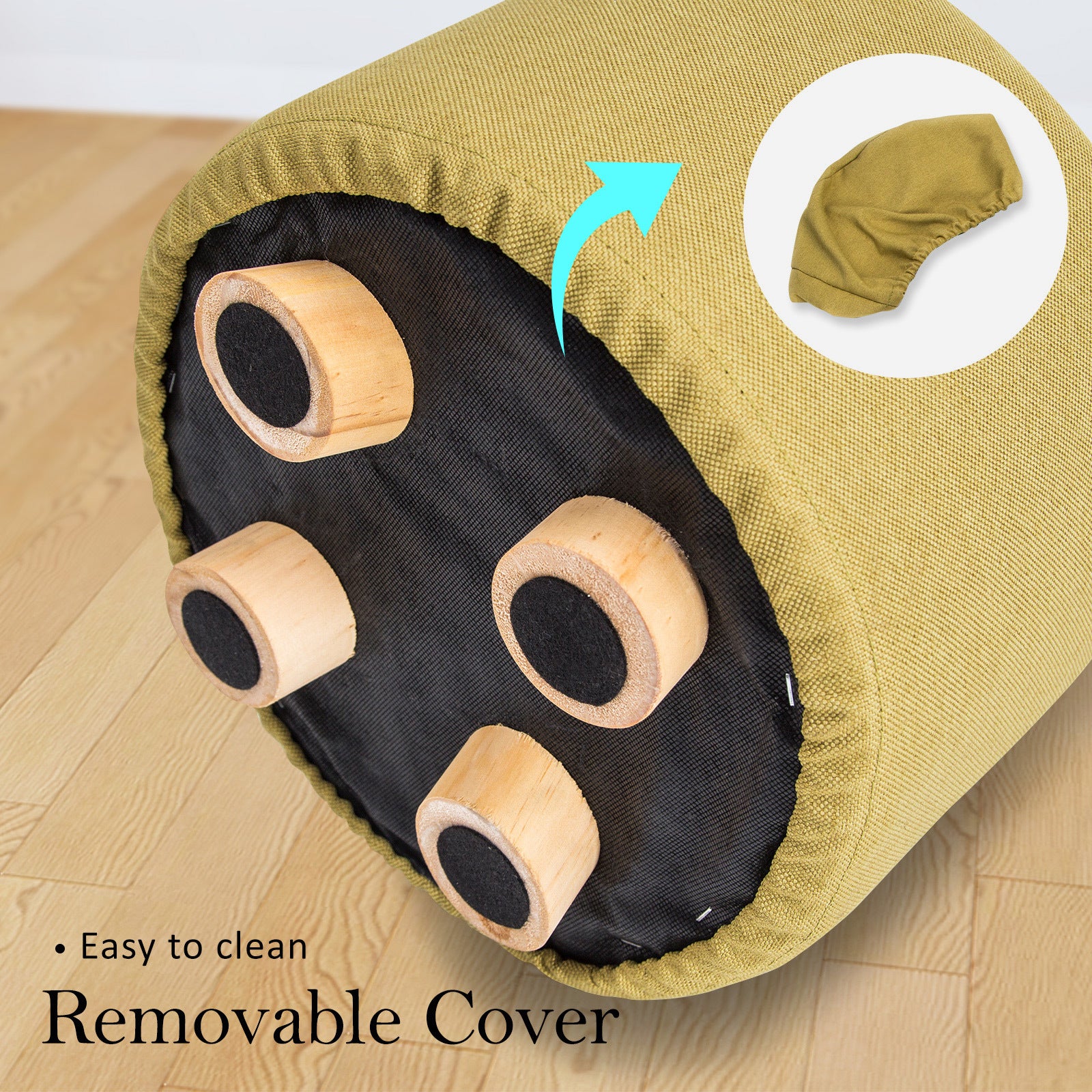 Fabric Ottoman Round Wooden Leg Foot Stool - MUSTARD YELLOW 6