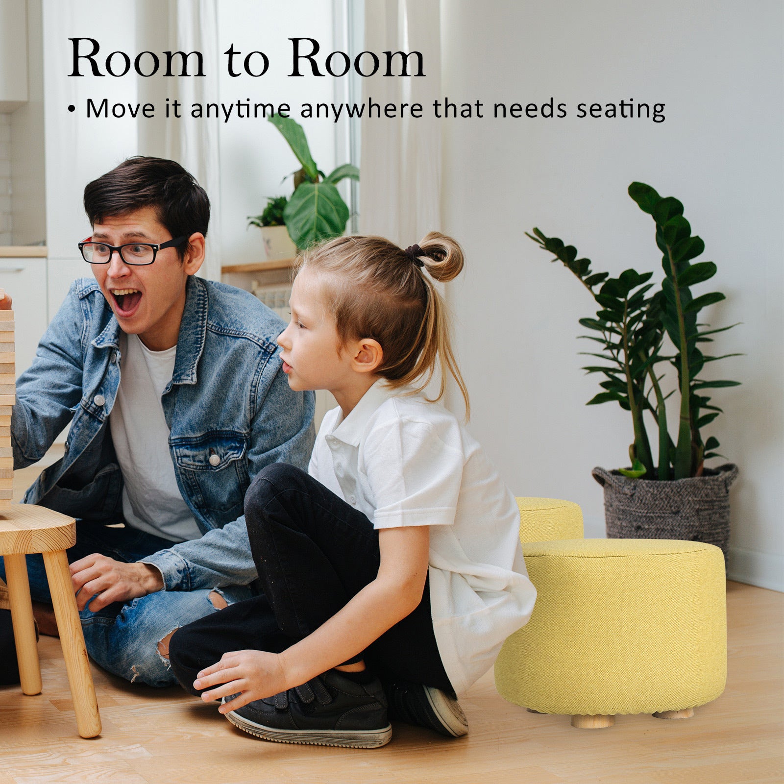 2X Fabric Ottoman Round Wooden Leg Foot Stool - Mustard Yellow 10