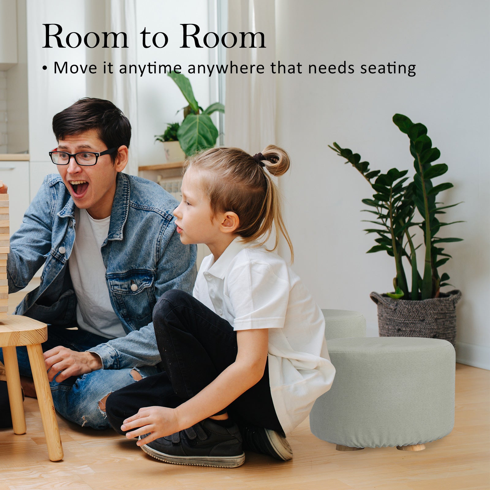 Fabric Ottoman Round Wooden Leg Foot Stool - GREY 10