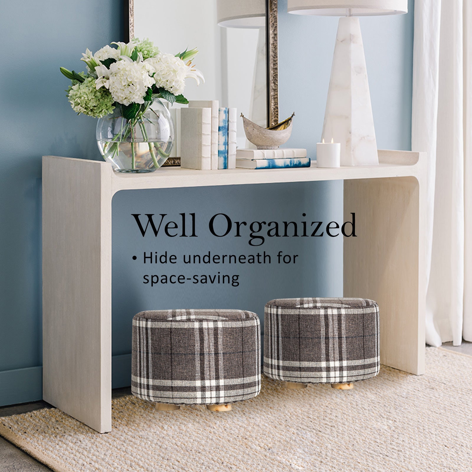 Fabric Ottoman Round Wooden Leg Foot Stool - LATTICE 7