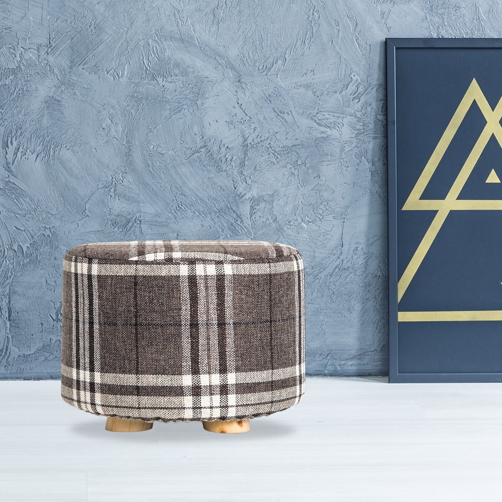 Fabric Ottoman Round Wooden Leg Foot Stool - LATTICE 11