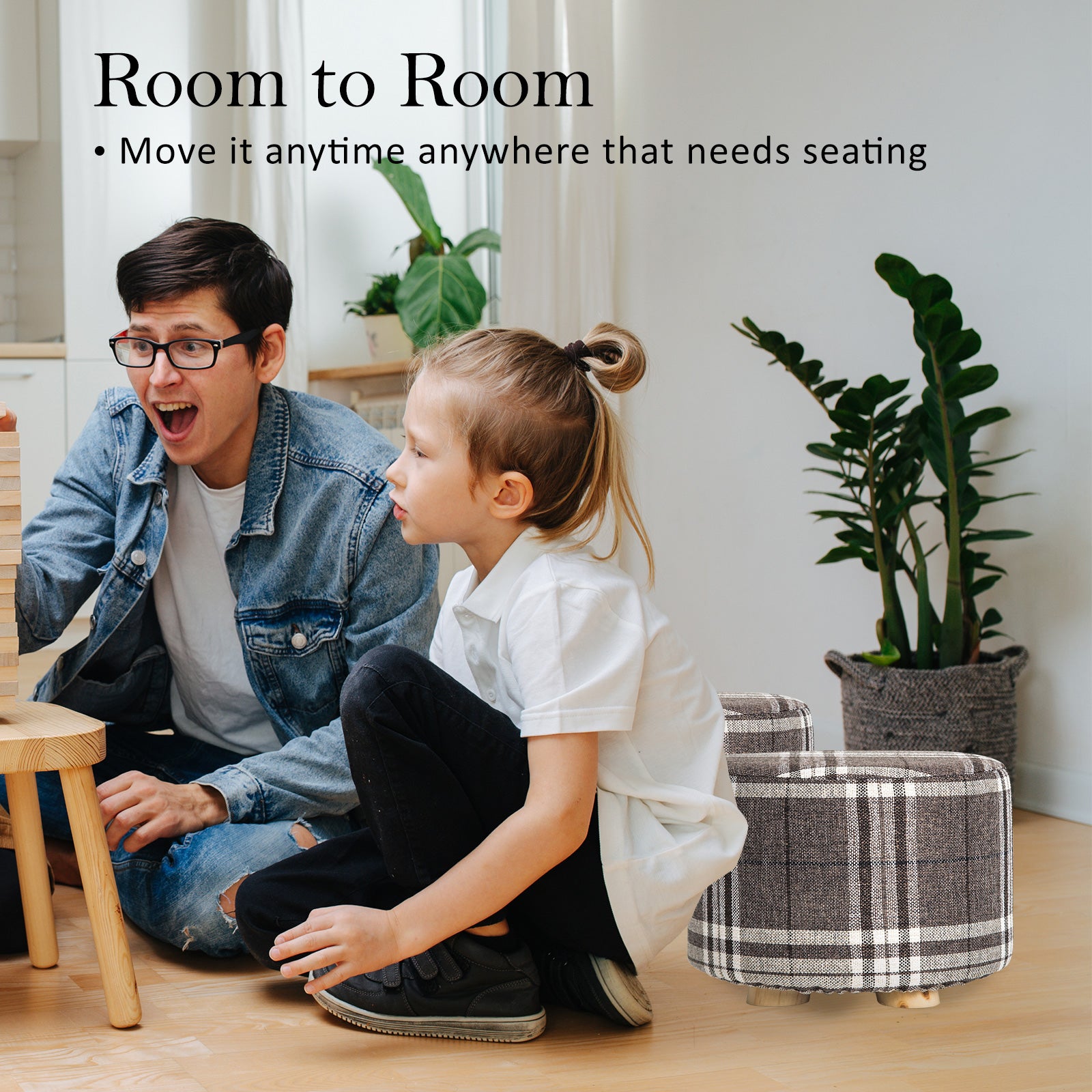 2X Fabric Ottoman Round Wooden Leg Foot Stool - LATTICE 10