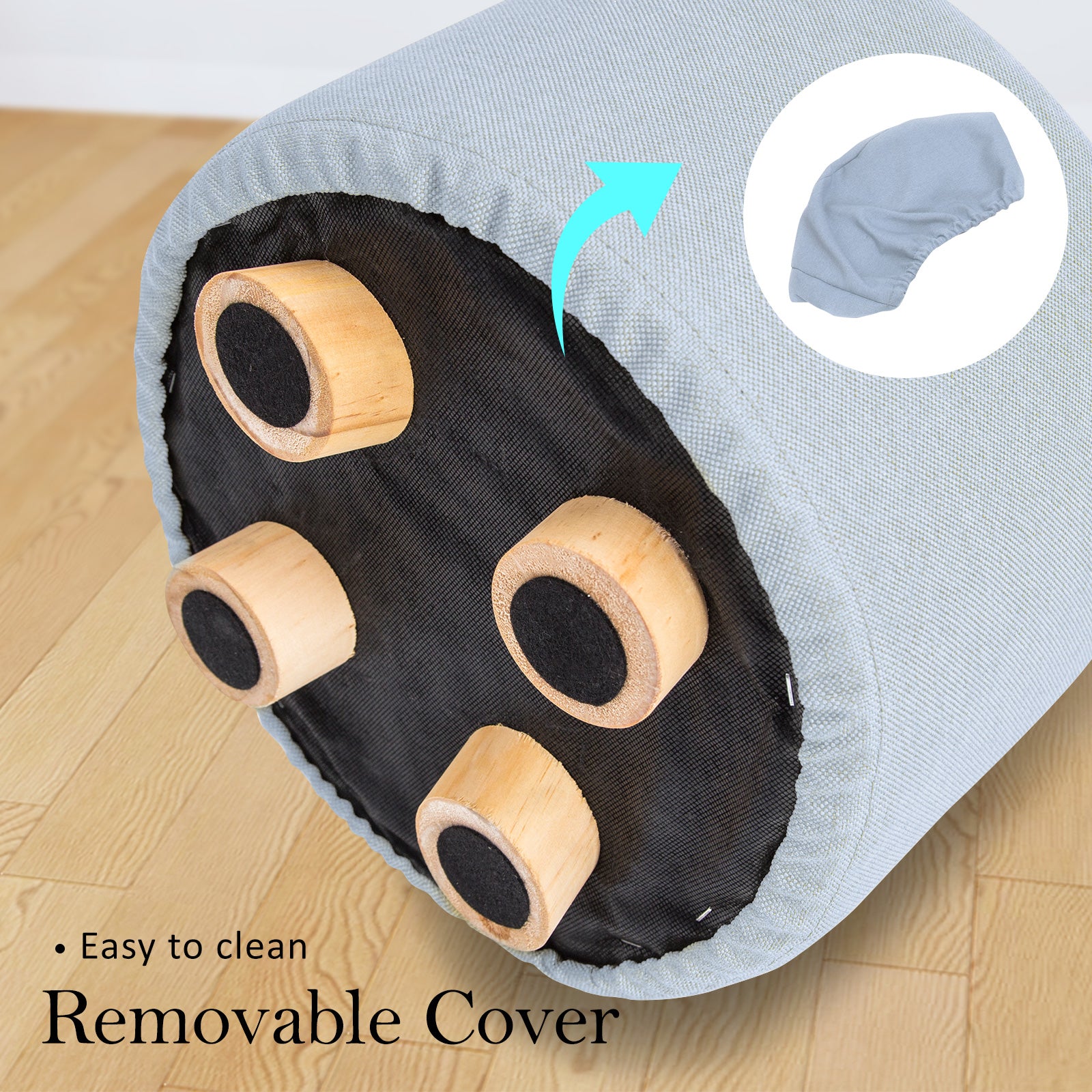 Fabric Ottoman Round Wooden Leg Foot Stool - LIGHT BLUE 6