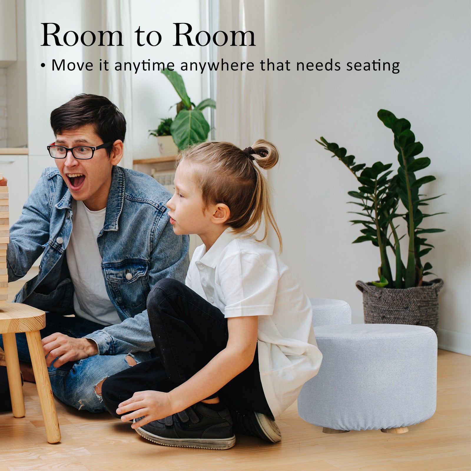 Fabric Ottoman Round Wooden Leg Foot Stool - LIGHT BLUE 10