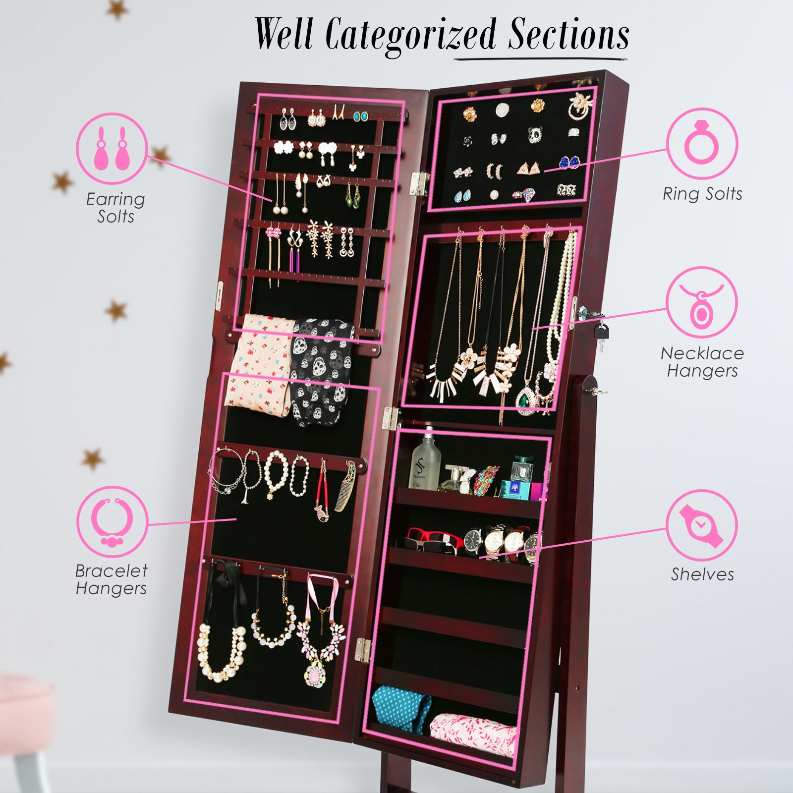Mirror Jewellery Cabinet Storage Organiser LUVO 146cm WALNUT 8