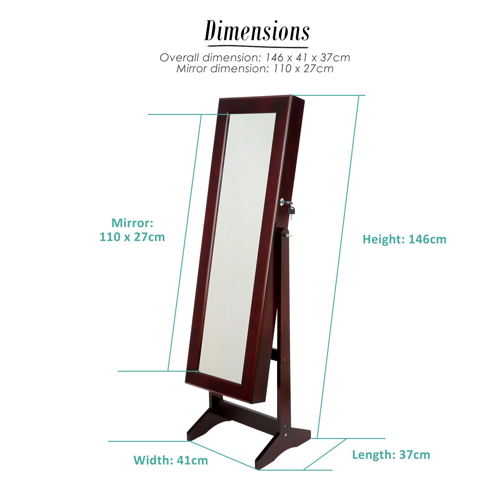 Mirror Jewellery Cabinet Storage Organiser LUVO 146cm WALNUT 12