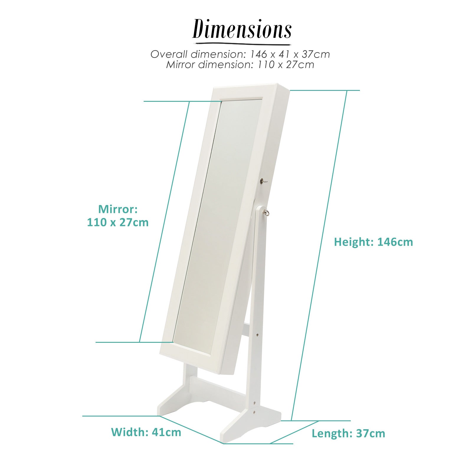 Mirror Jewellery Cabinet Storage Organiser LUVO 146cm WHITE 12