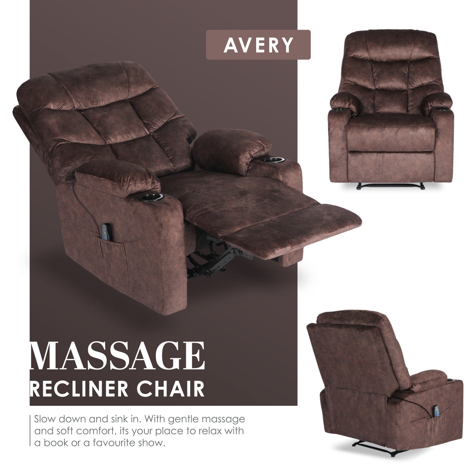 8-Point Electric Massage Recliner Chair - Leathaire Lounge Sofa Armchair AVERY BROWN 4
