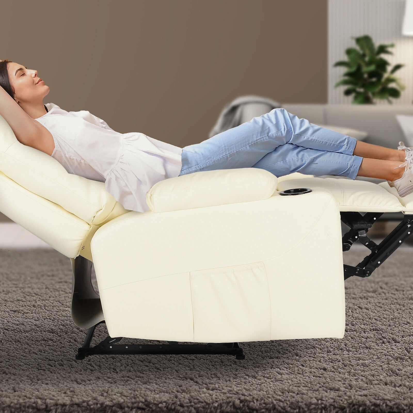8-Point Electric Massage Recliner Chair - PU Leather Lounge Sofa Armchair ARLEEN BEIGE 3