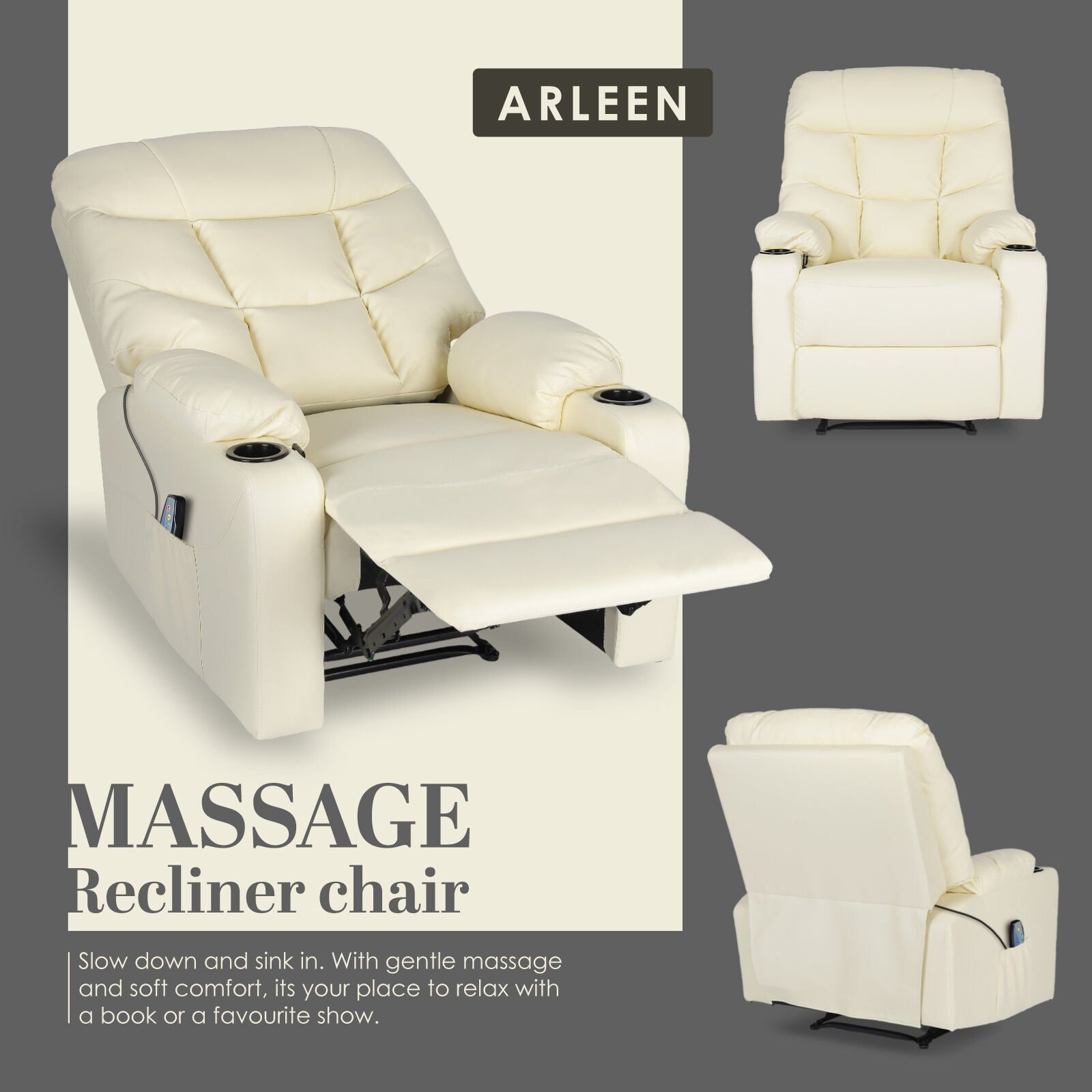 8-Point Electric Massage Recliner Chair - PU Leather Lounge Sofa Armchair ARLEEN BEIGE 4