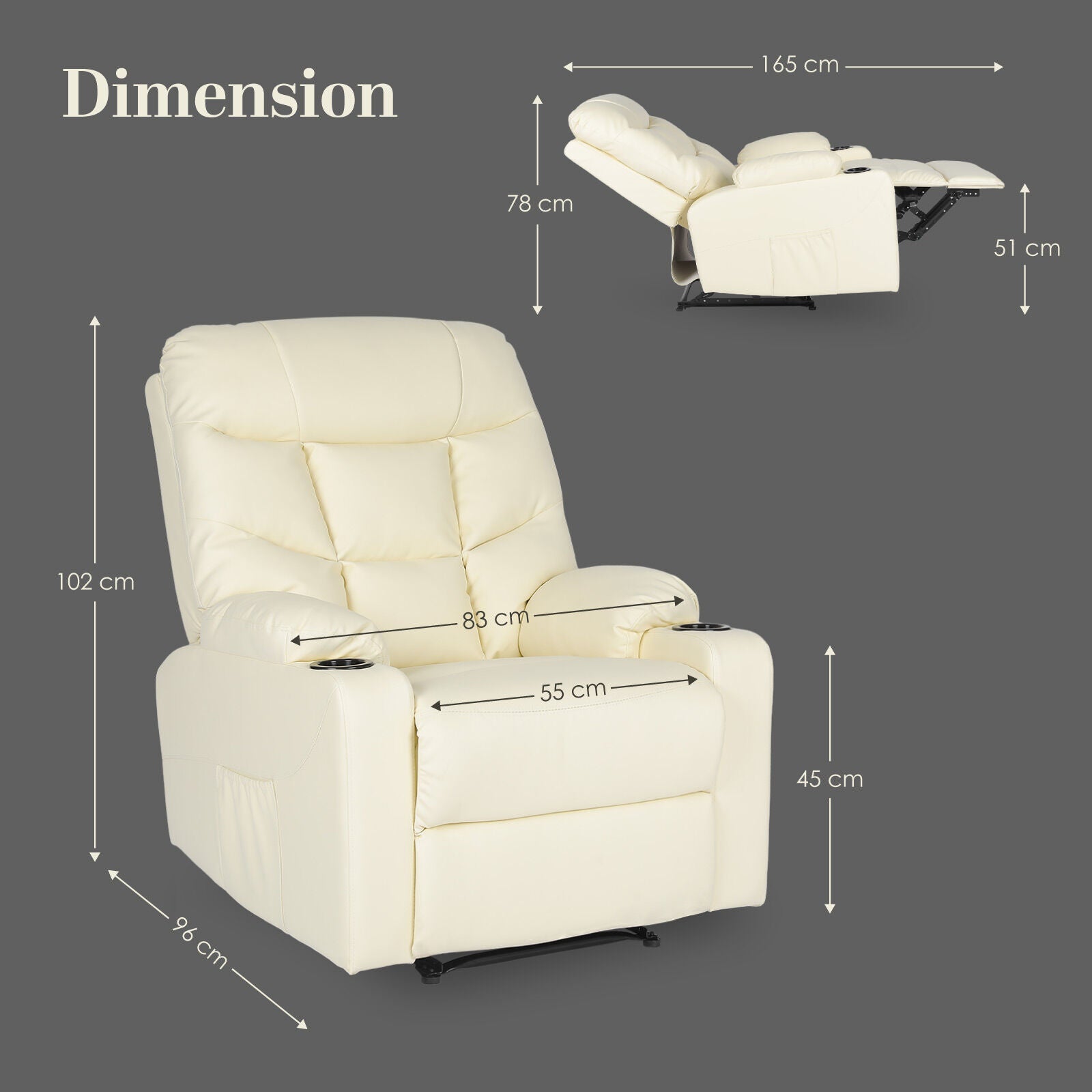 8-Point Electric Massage Recliner Chair - PU Leather Lounge Sofa Armchair ARLEEN BEIGE 12
