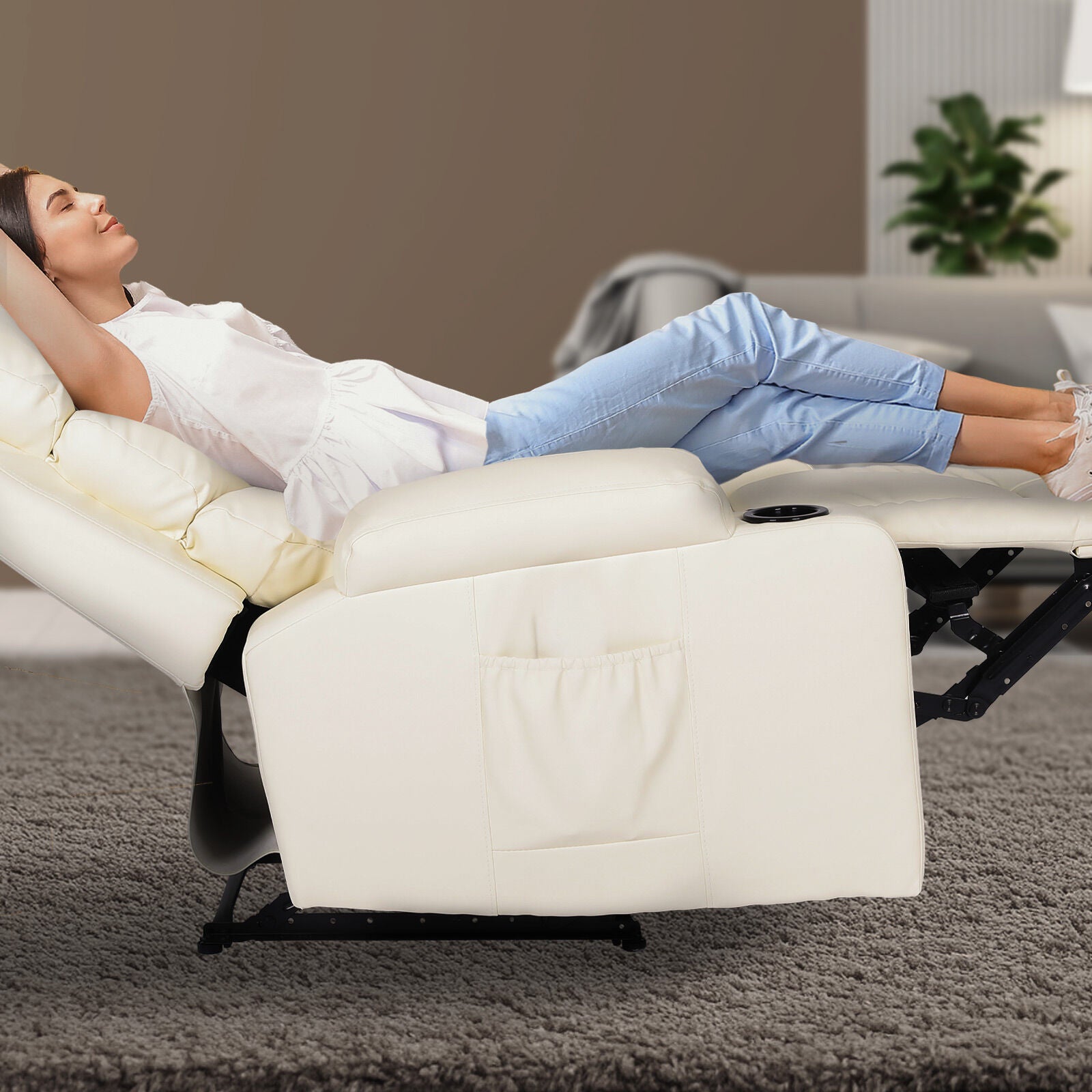8-Point Electric Massage Recliner Chair - PU Leather Lounge Sofa Armchair CELINA CREAM 3