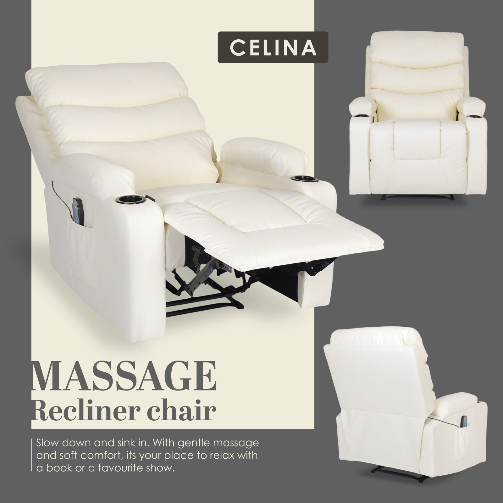8-Point Electric Massage Recliner Chair - PU Leather Lounge Sofa Armchair CELINA CREAM 4