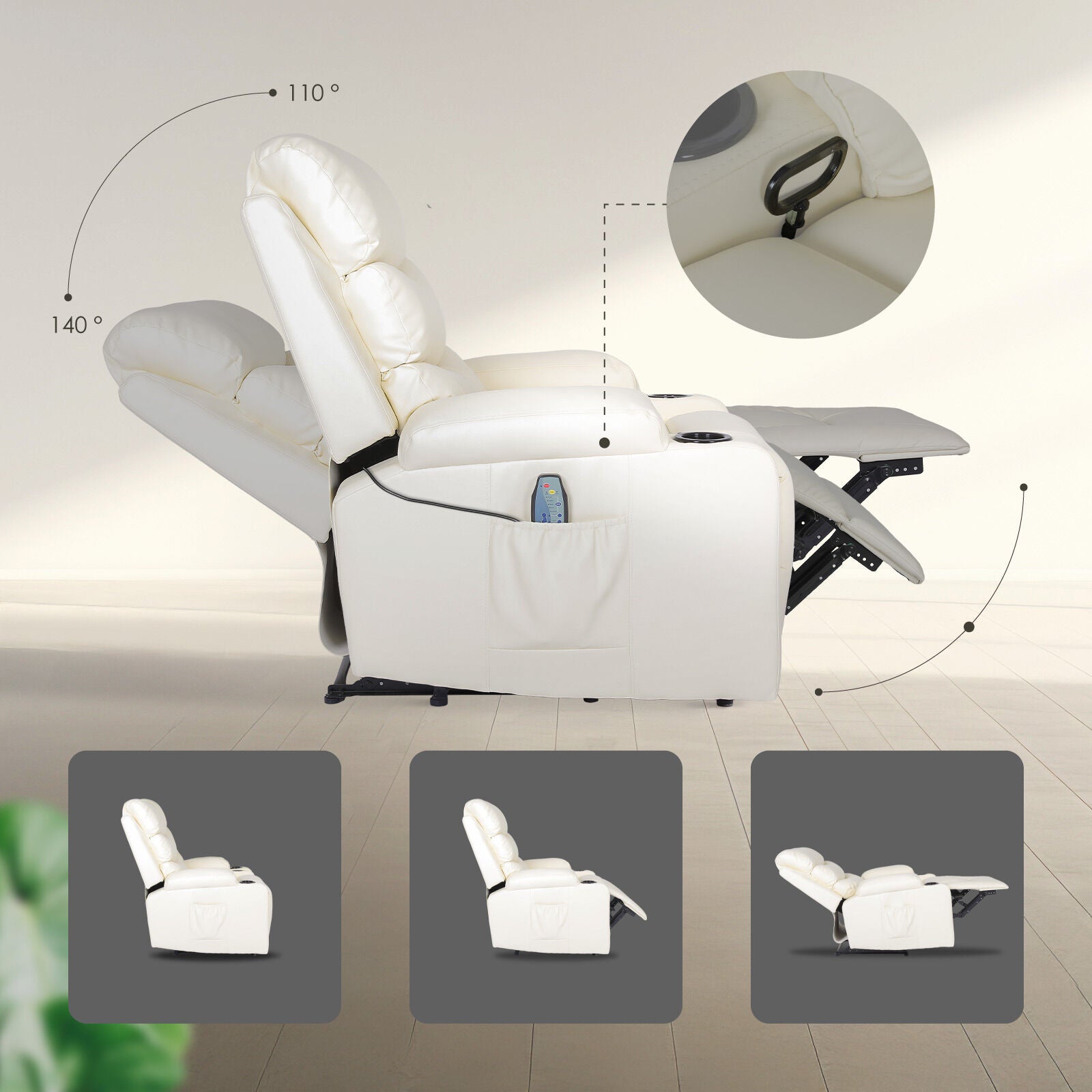 8-Point Electric Massage Recliner Chair - PU Leather Lounge Sofa Armchair CELINA CREAM 8
