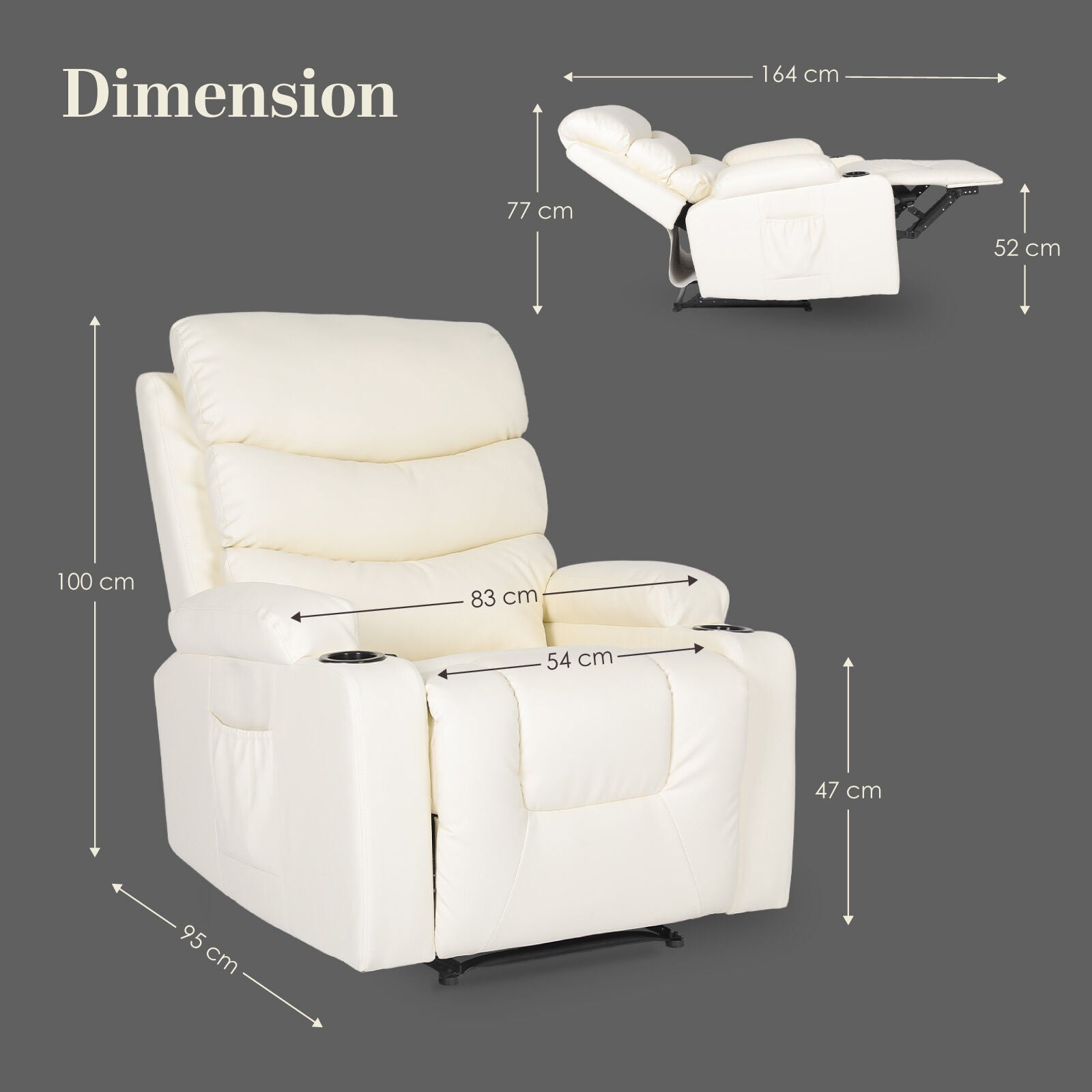 8-Point Electric Massage Recliner Chair - PU Leather Lounge Sofa Armchair CELINA CREAM 11