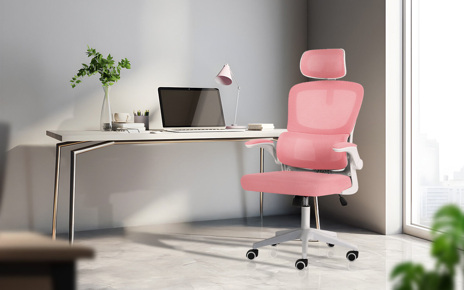 Work Office Chair - Lumber Support, Flip-up Armrest, Adjustable Headrest SITIO - Pink