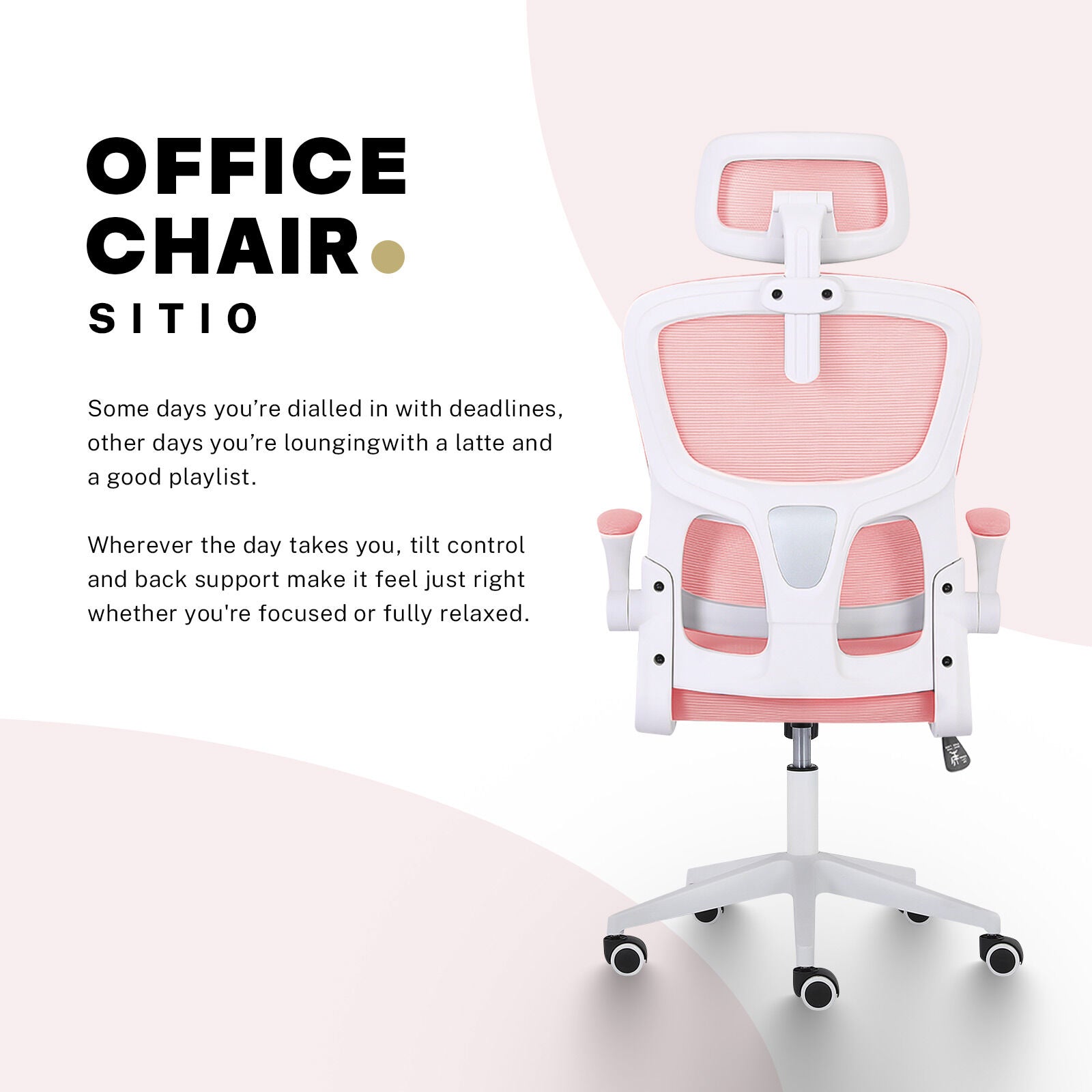 Work Office Chair - Lumber Support, Flip-up Armrest, Adjustable Headrest SITIO - Pink 4