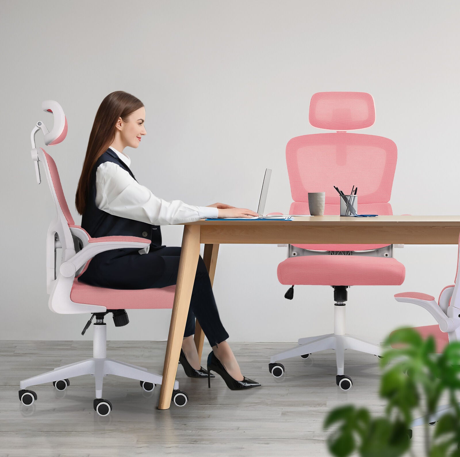 Work Office Chair - Lumber Support, Flip-up Armrest, Adjustable Headrest SITIO - Pink 5