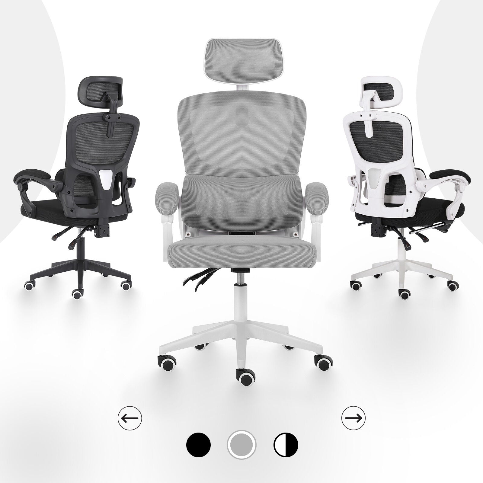 Ergonomic Reclining Office Chair - Lumbar Support, Adjustable Headrest VELTRA - GREY 4