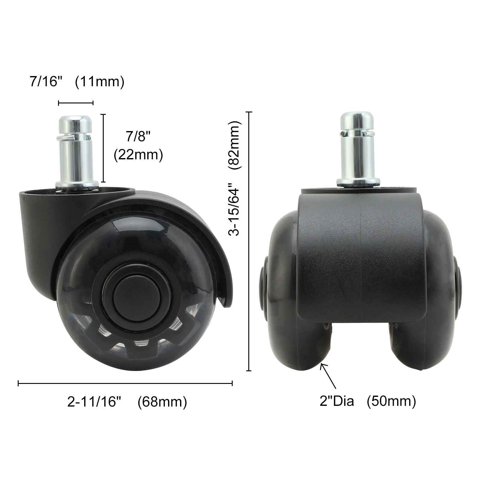 5X 2'' Twin Wheel Office Chair Casters - Slient Smooth, 11x22mm Stem 9