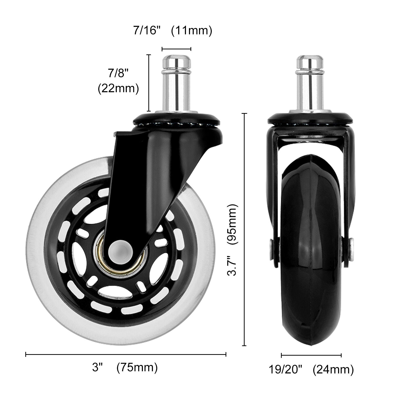 5X 3'' Rollerblade Style Wheels Office Chair Casters - Slient Smooth, 11x22mm Stem 9