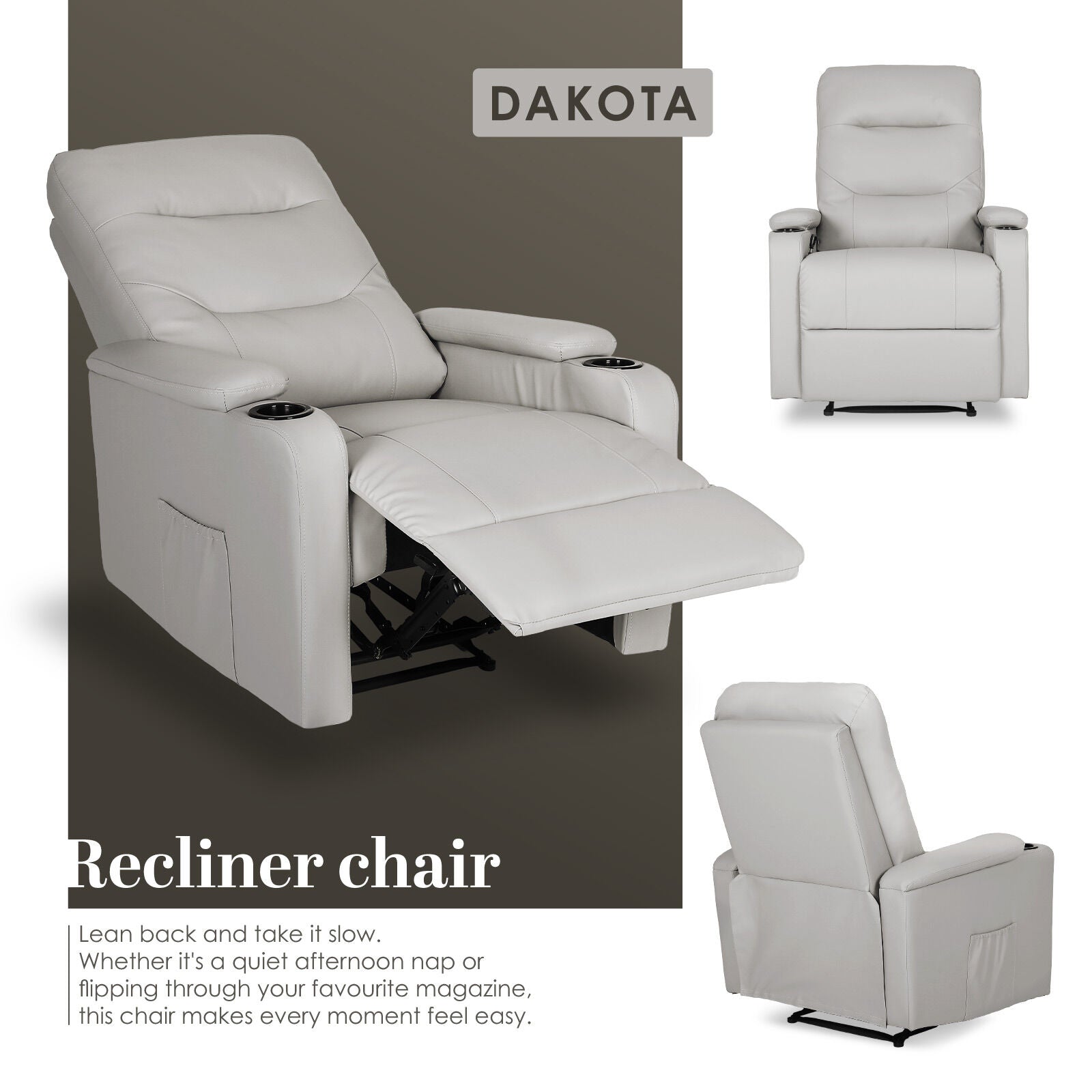 Home Recliner Chair - PU Leather Sofa Lounge Armchair DAKOTA GREY 3