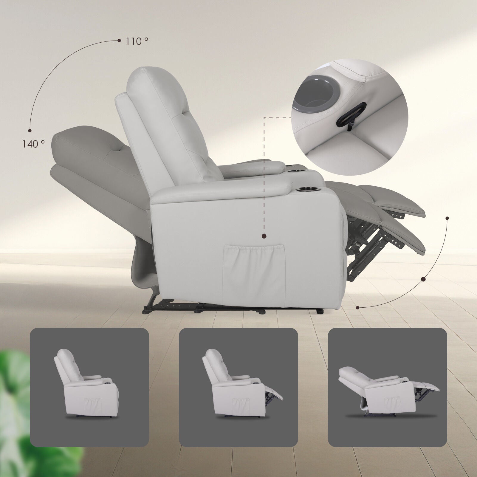 Home Recliner Chair - PU Leather Sofa Lounge Armchair DAKOTA GREY 7