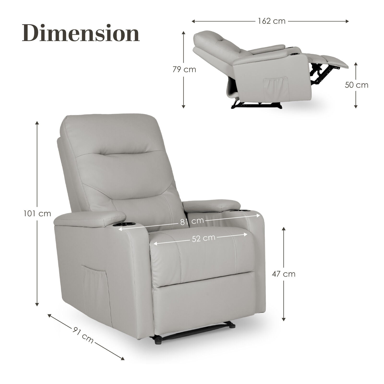 Home Recliner Chair - PU Leather Sofa Lounge Armchair DAKOTA GREY 10