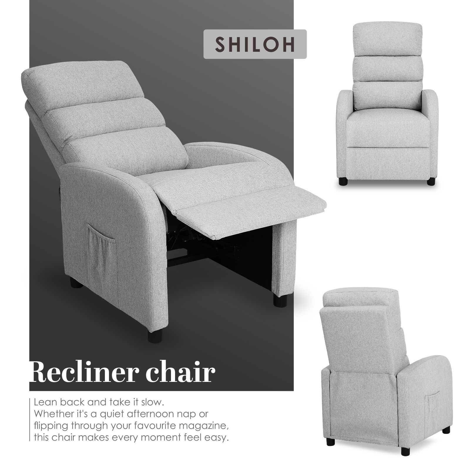 Home Recliner Chair - Linen Fabric Sofa Lounge Armchair SHILOH GREY 3