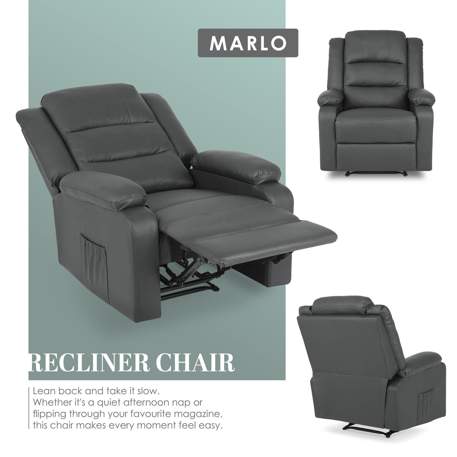 Home Recliner Chair - PU Leather Sofa Lounge Armchair MARLO GREY 3