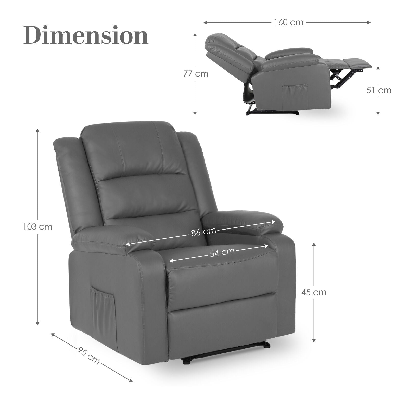 Home Recliner Chair - PU Leather Sofa Lounge Armchair MARLO GREY 11