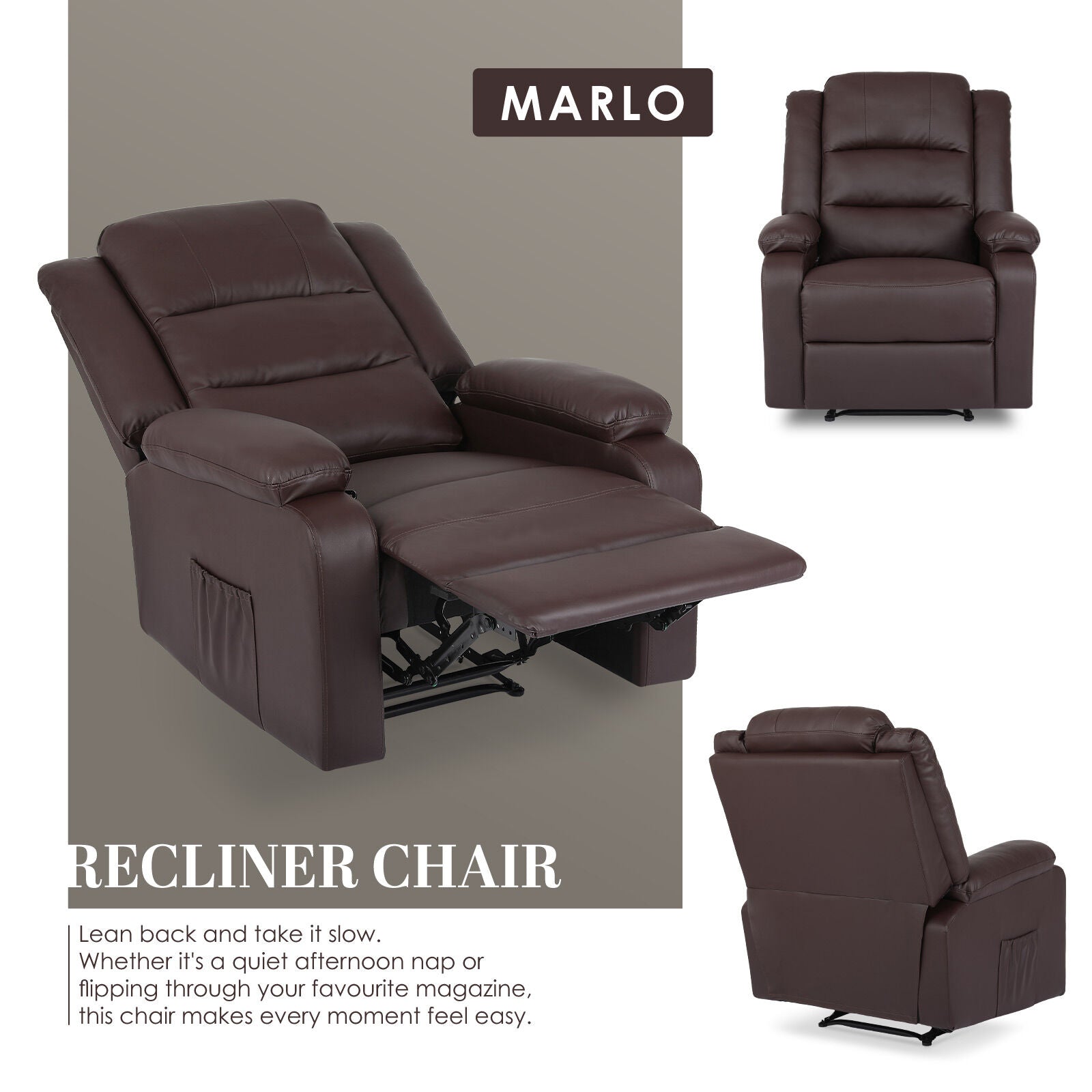 Home Recliner Chair - PU Leather Sofa Lounge Armchair MARLO BROWN 3